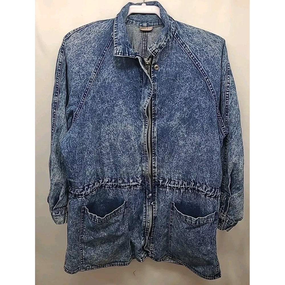 FRENCH NAVY Denim Blue Jean Chore Jacket, Womens Large Vtg 80s 90s Shoulder Pads